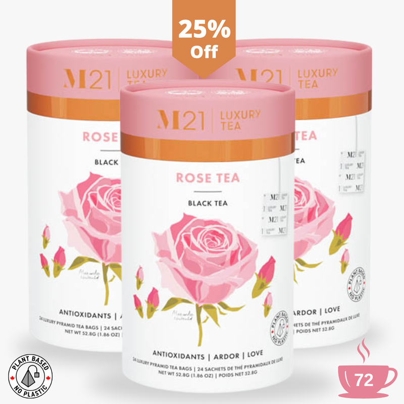 Three containers of M21 Luxury Tea with rose design on a white background