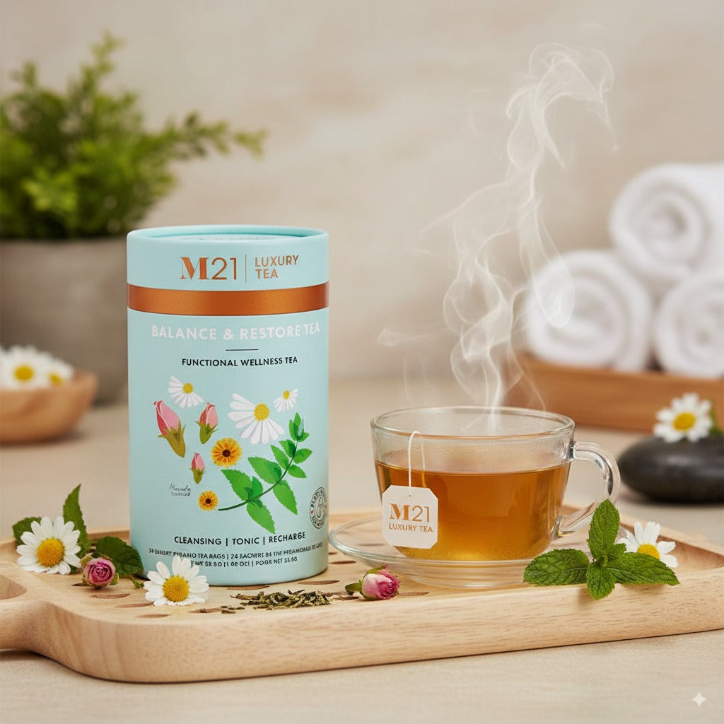 M21 tea canister with a steaming cup of tea on a wooden board, surrounded by flowers and plants.