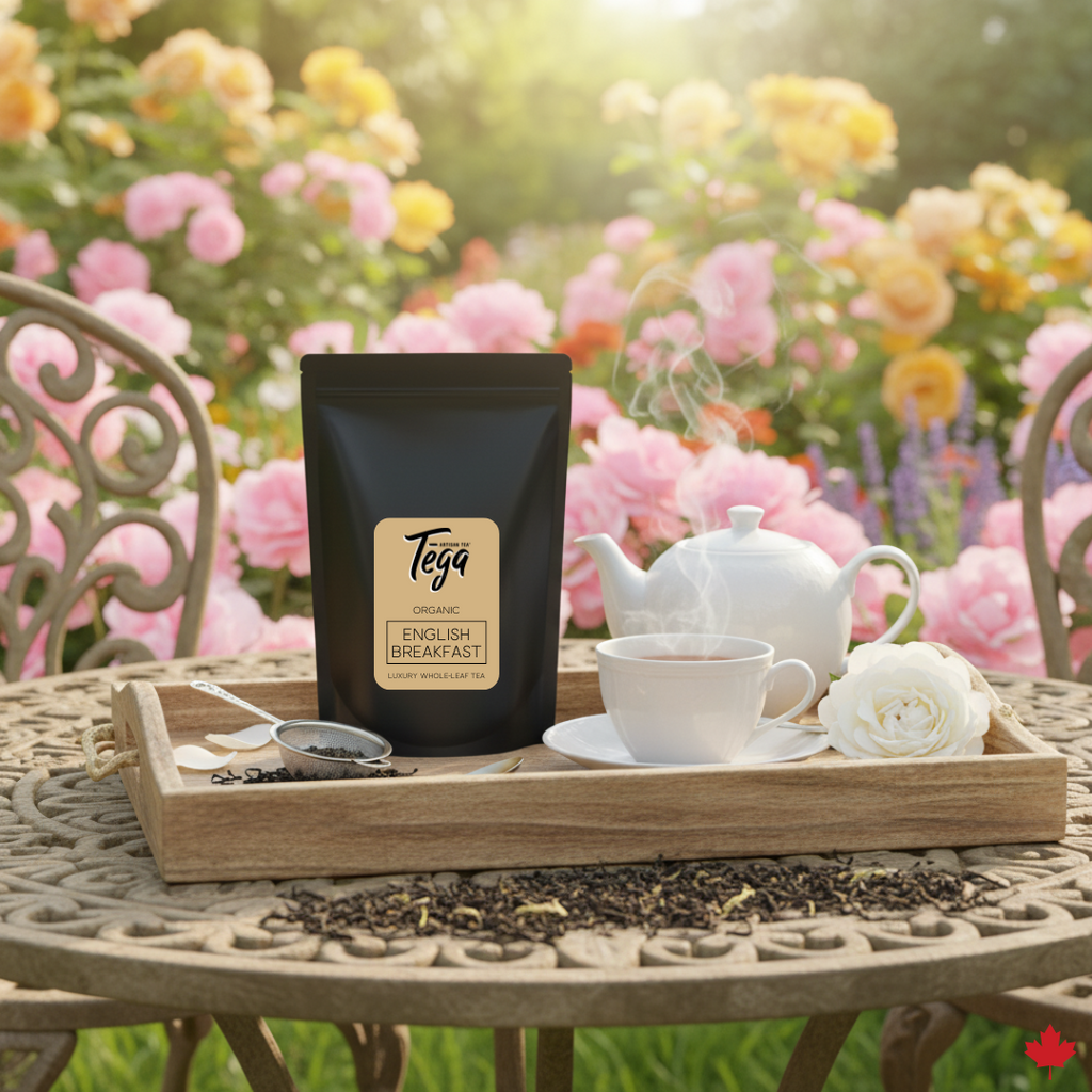 Tea set with Tega tea packaging on a table in a garden setting