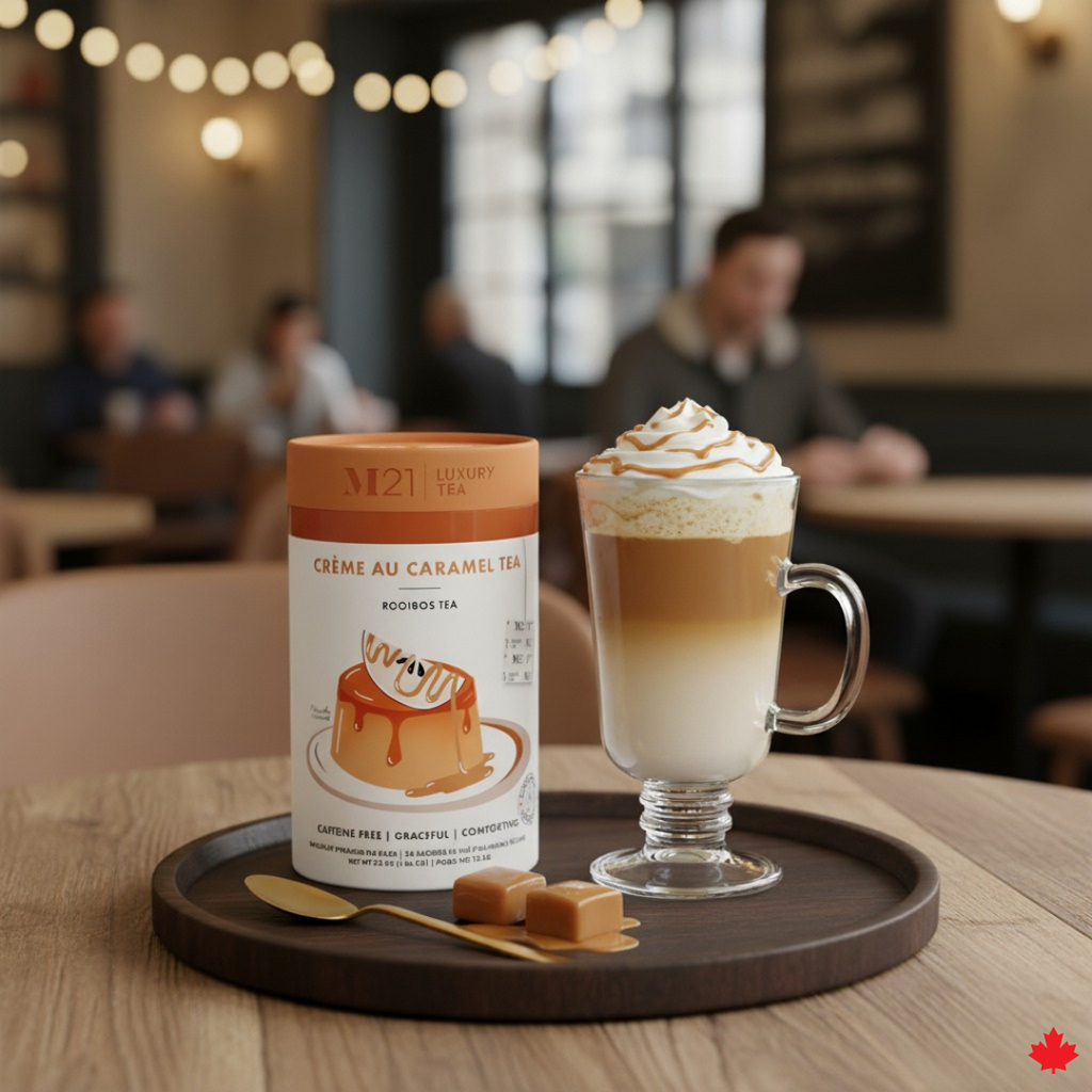 M2M Tea Cèreme Au Caramel Tea can with a glass of tea on a wooden tray in a blurred cafe setting.