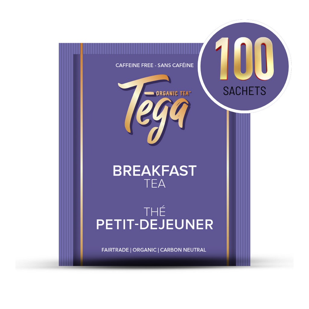 Tega Organic Tea Breakfast Tea package with 100 sachets on a white background