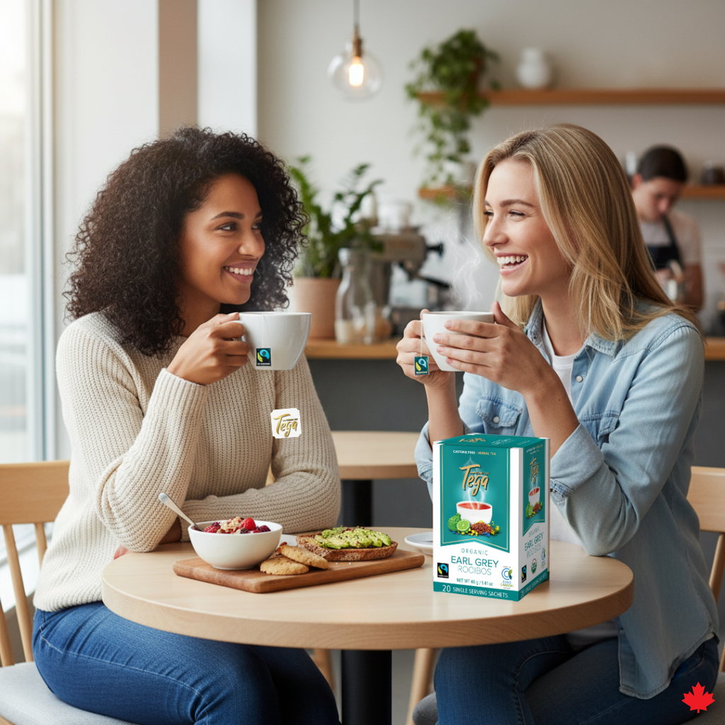 Two women enjoying tea together with a Tega Tea box on a table.