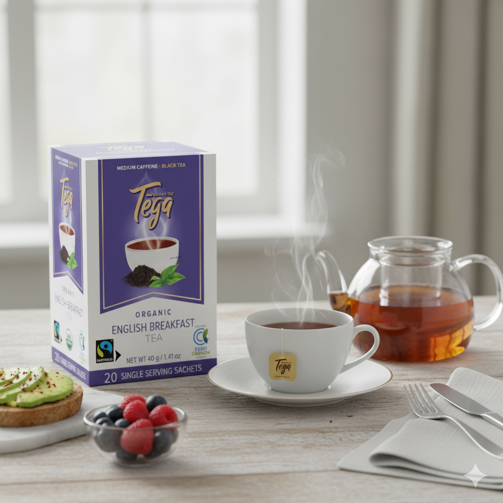Tea packaging with a cup of tea, teapot, and breakfast items on a table.