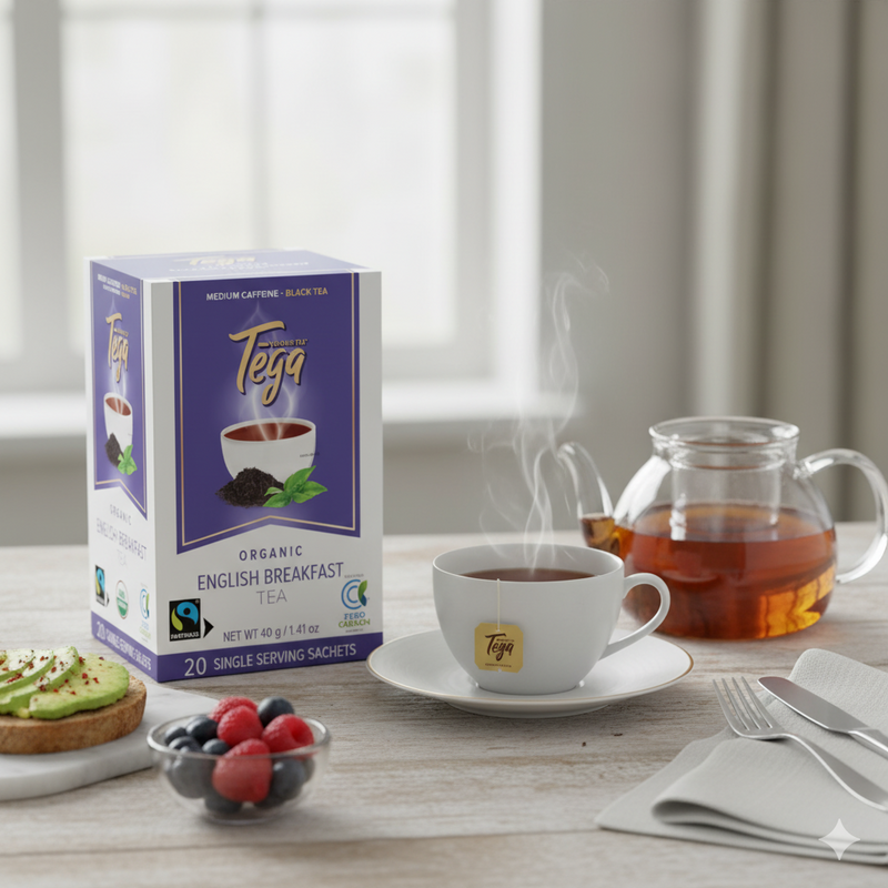 Tea packaging with a cup of tea, teapot, and breakfast items on a table.