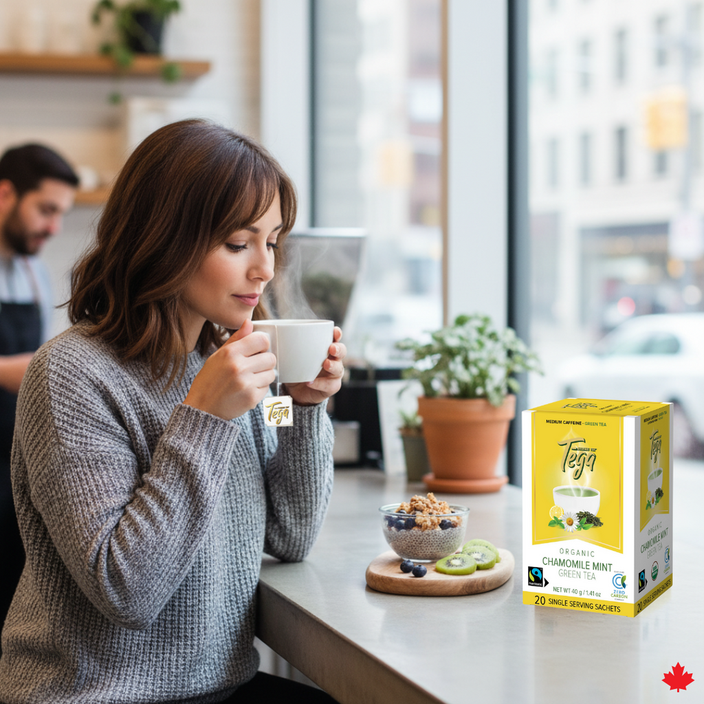 Woman drinking from a cup with a box of Tega tea packaging on a table.