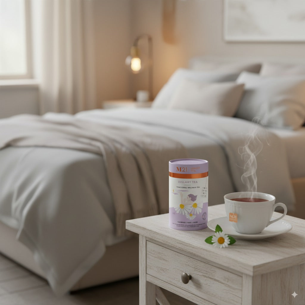 Steaming cup of tea and a container on a nightstand in a bedroom.