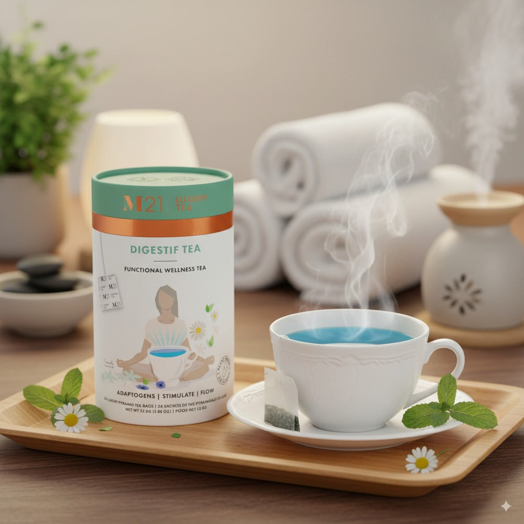 Digestive tea packaging with a steaming cup of tea on a wooden tray.