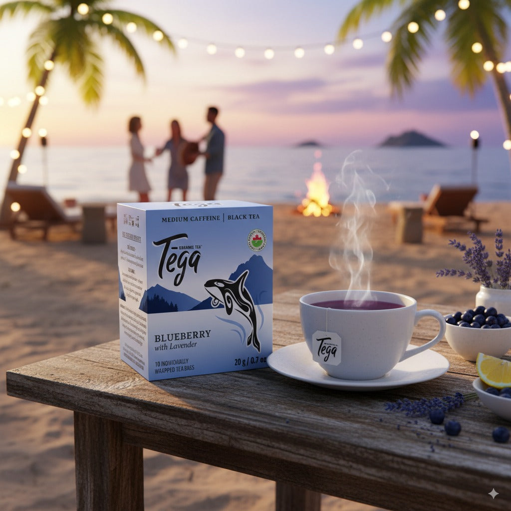 Tega Blueberry Black Tea set on a beach table with people and a campfire in the background