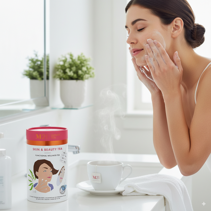 Woman applying cream to her face with a container of M2M Skin & Beauty Tea on a bathroom counter.