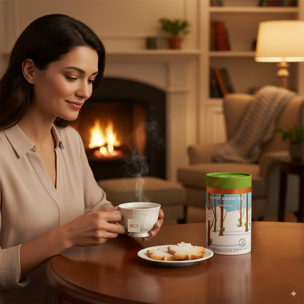 Woman holding a steaming cup of tea in a cozy living room with a fireplace.
