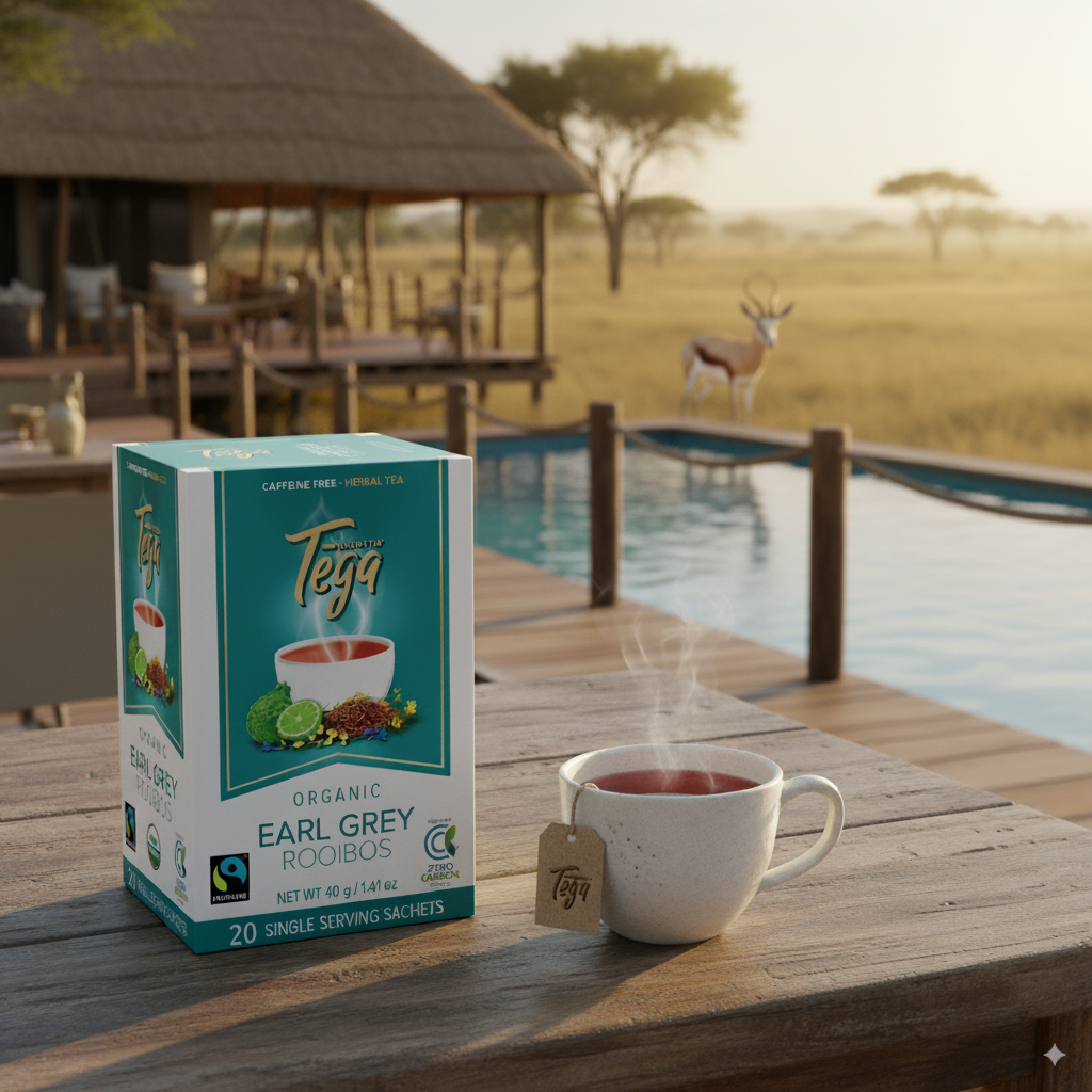 Box of Tega Earl Grey Rooibos tea on a wooden table with a scenic background
