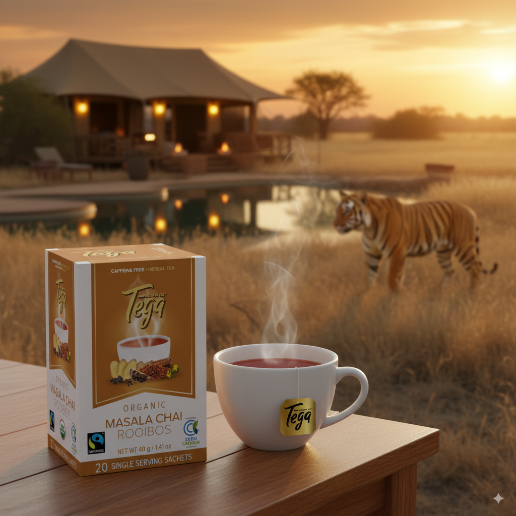Tega Masala Chai Rooibos packaging with a steaming cup of tea on a wooden table, with a tiger and safari hut in the background.