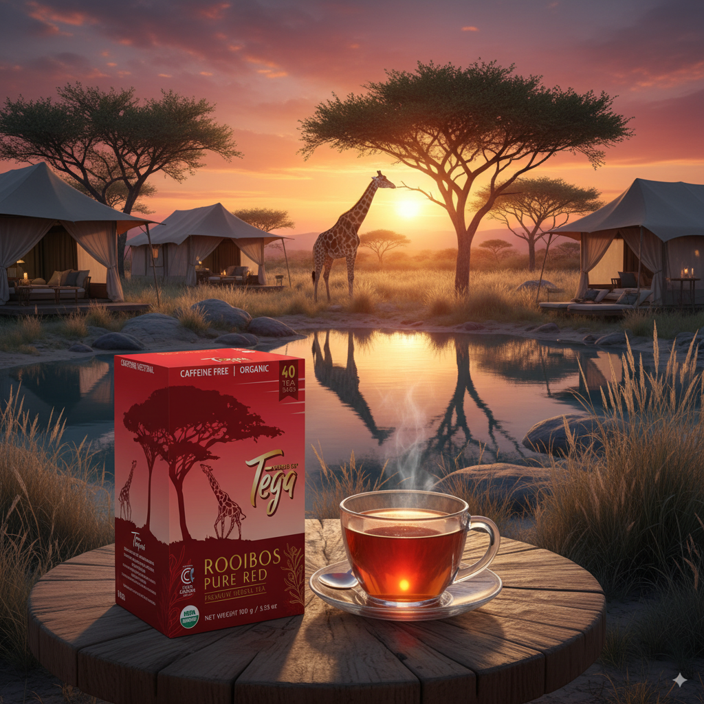 Tega Rooibos Tea and cup of tea on a wooden table with a scenic safari background