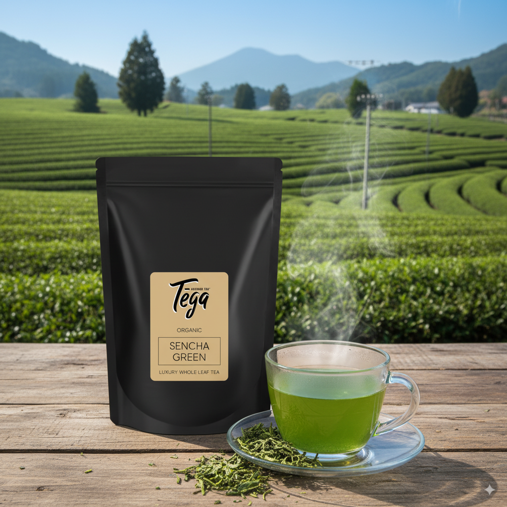Tega Sencha Green tea package with a steaming cup of tea on a wooden table, set against a scenic tea field background.