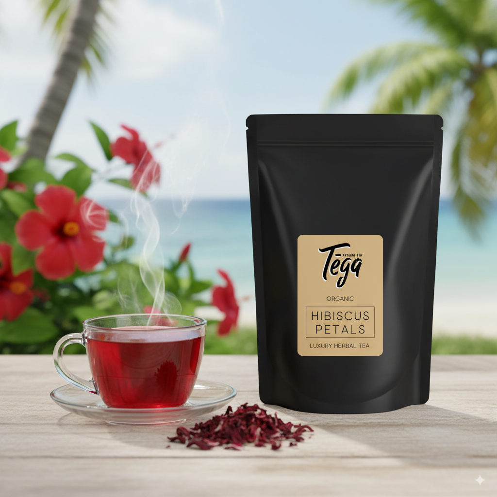 Black tea package labeled 'Tega' with a steaming cup of hibiscus tea and dried petals on a scenic background.