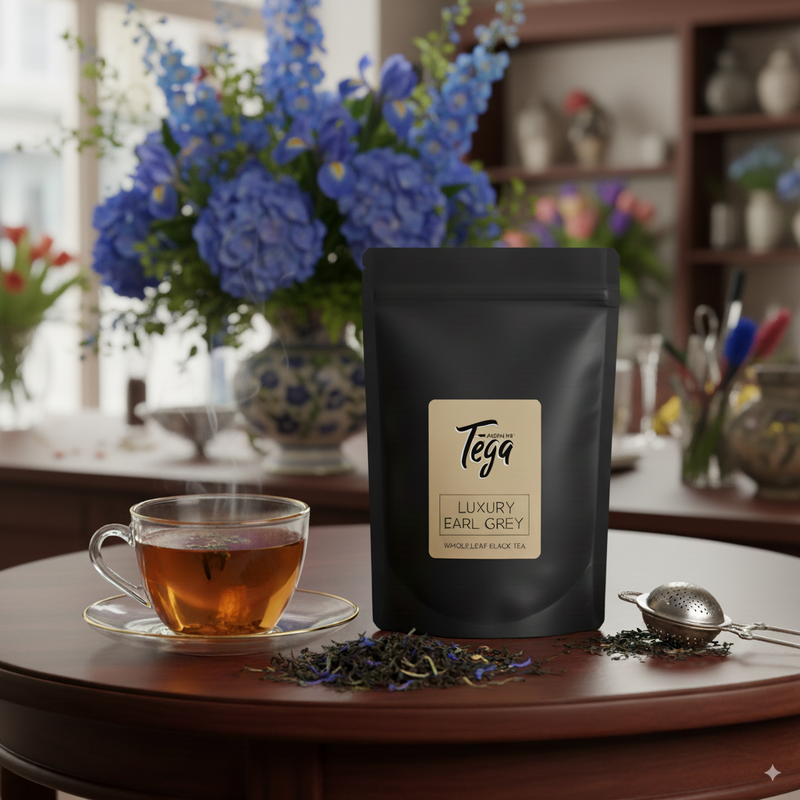 Tega Luxury Earl Grey tea package with a cup of tea on a wooden table, surrounded by flowers and tea accessories.