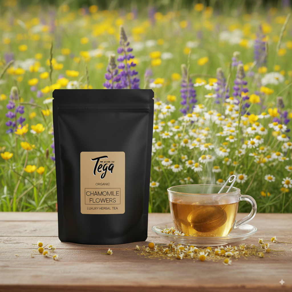 Black Tega tea package with a cup of tea in front of a field of flowers
