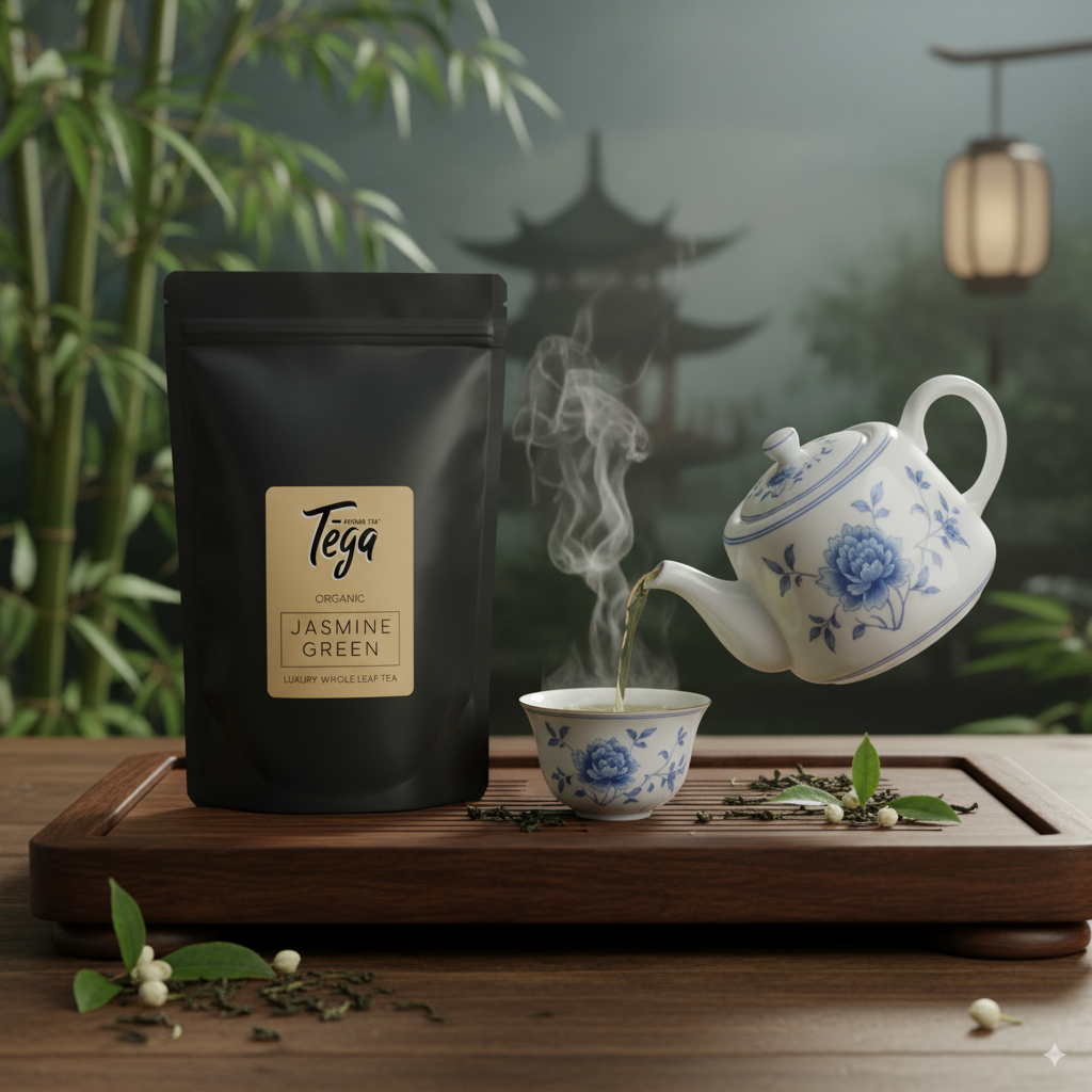 Tea bag labeled 'Tega' being poured into a teacup with a teapot and tea leaves on a wooden tray.