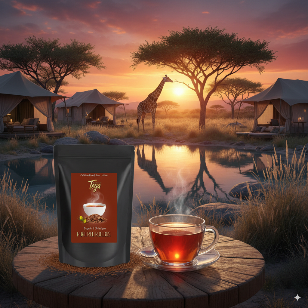 Tea package with a cup of tea in front of a scenic safari view with tents and a giraffe.