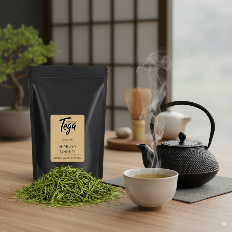 Tega Sencha Green tea package with a steaming cup of tea and black teapot on a wooden table.
