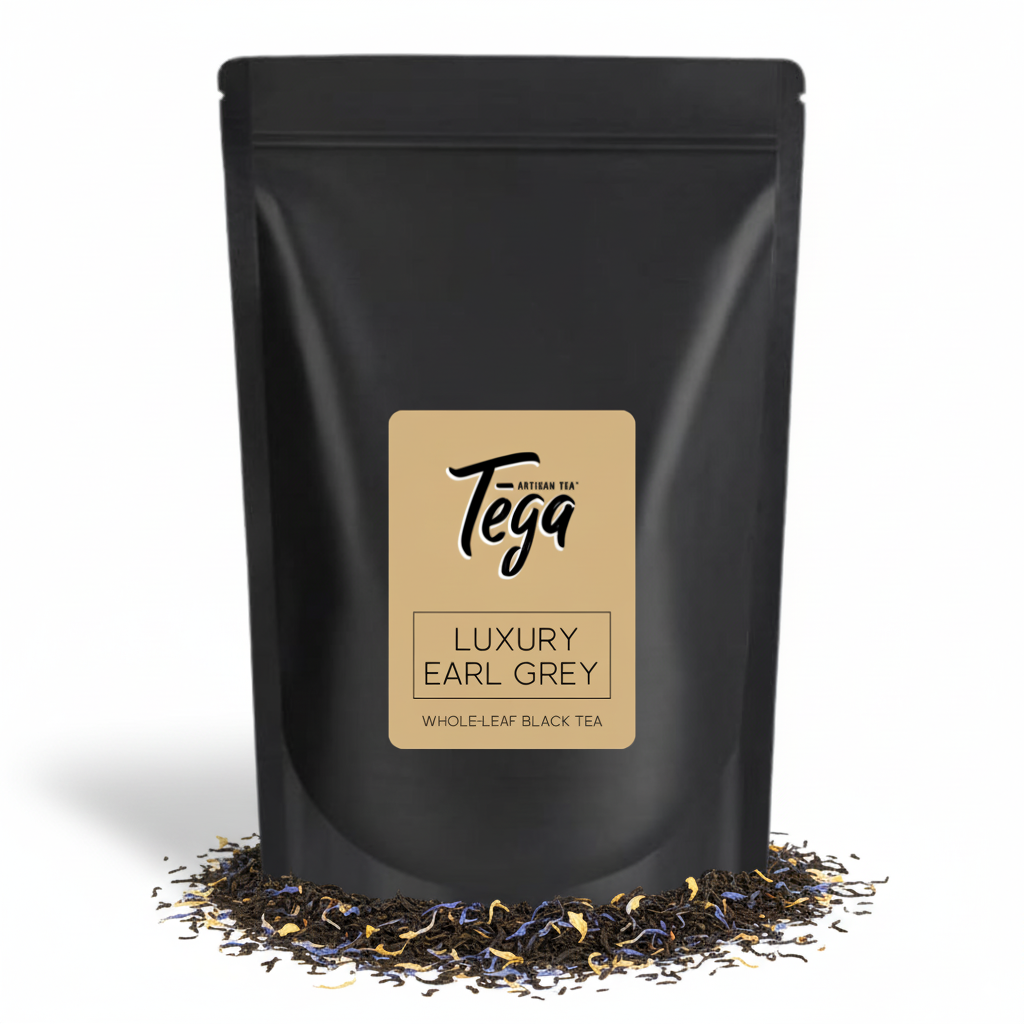 Luxury Earl Grey Tea with 'Tega' label on a white background