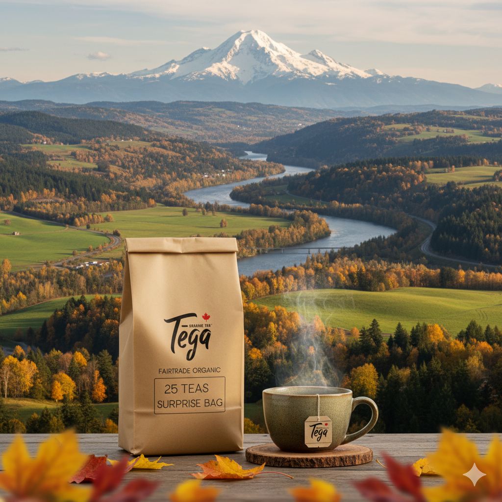 Tega tea package with a scenic view of mountains and a river
