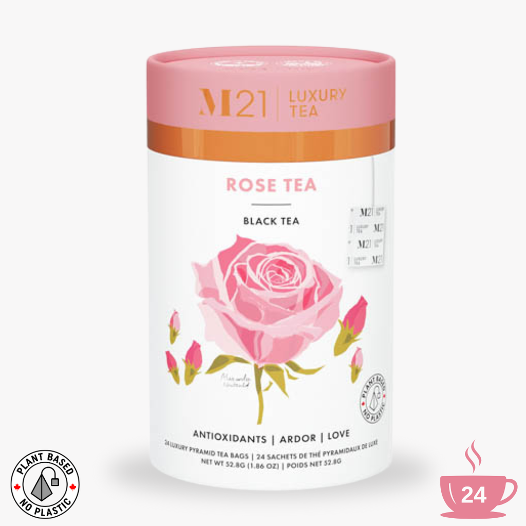 M21 Luxury Tea canister with pink lid and rose design on a white background