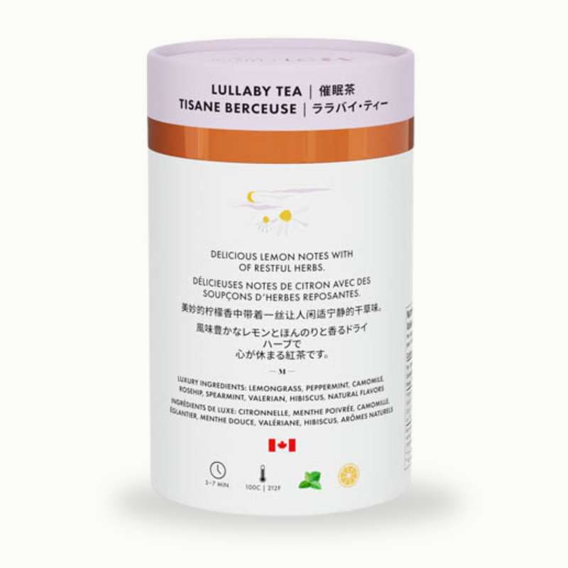 Lullaby Tea packaging with text on a white background