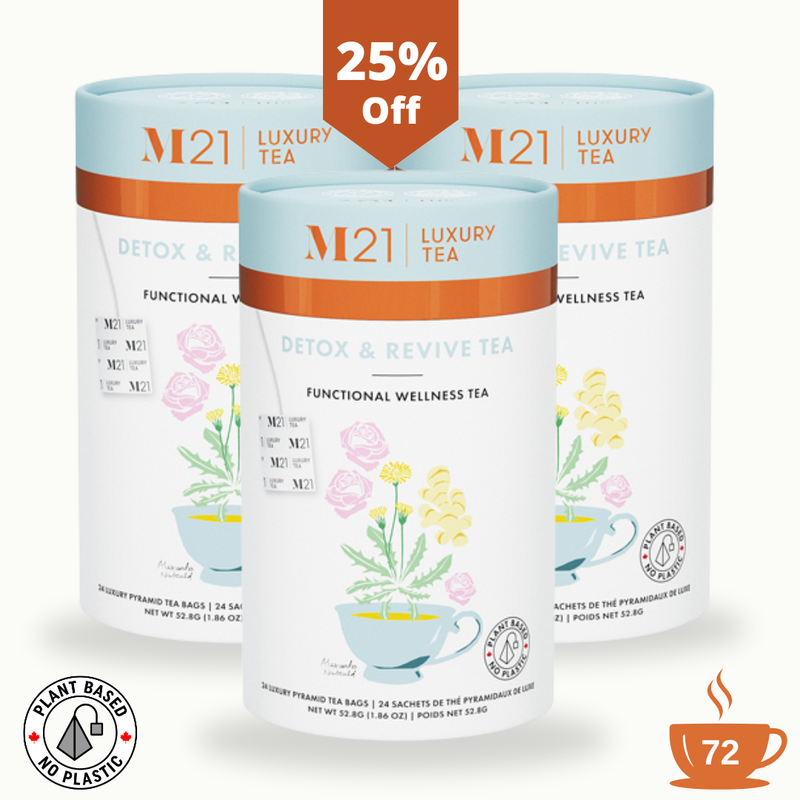 M21 Luxury Tea packaging with floral designs on a white background