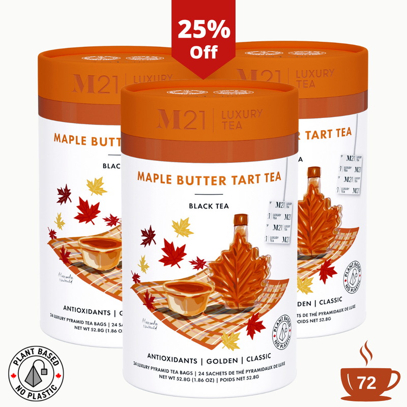 Three containers of M21 Maple Butter Tart Tea with a 25% off label on a white background.