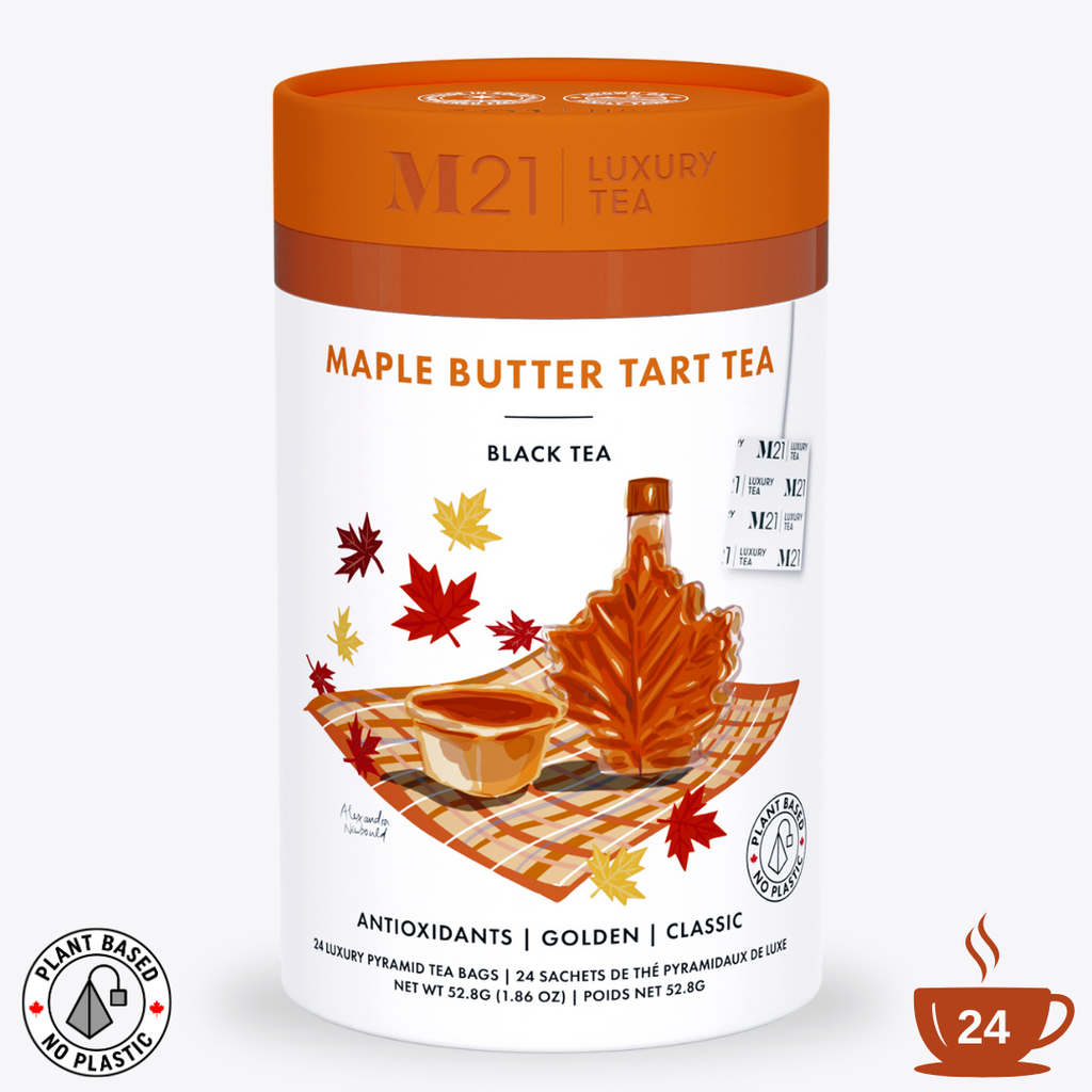 M21 Luxury Tea Maple Butter Tart tea packaging on a white background
