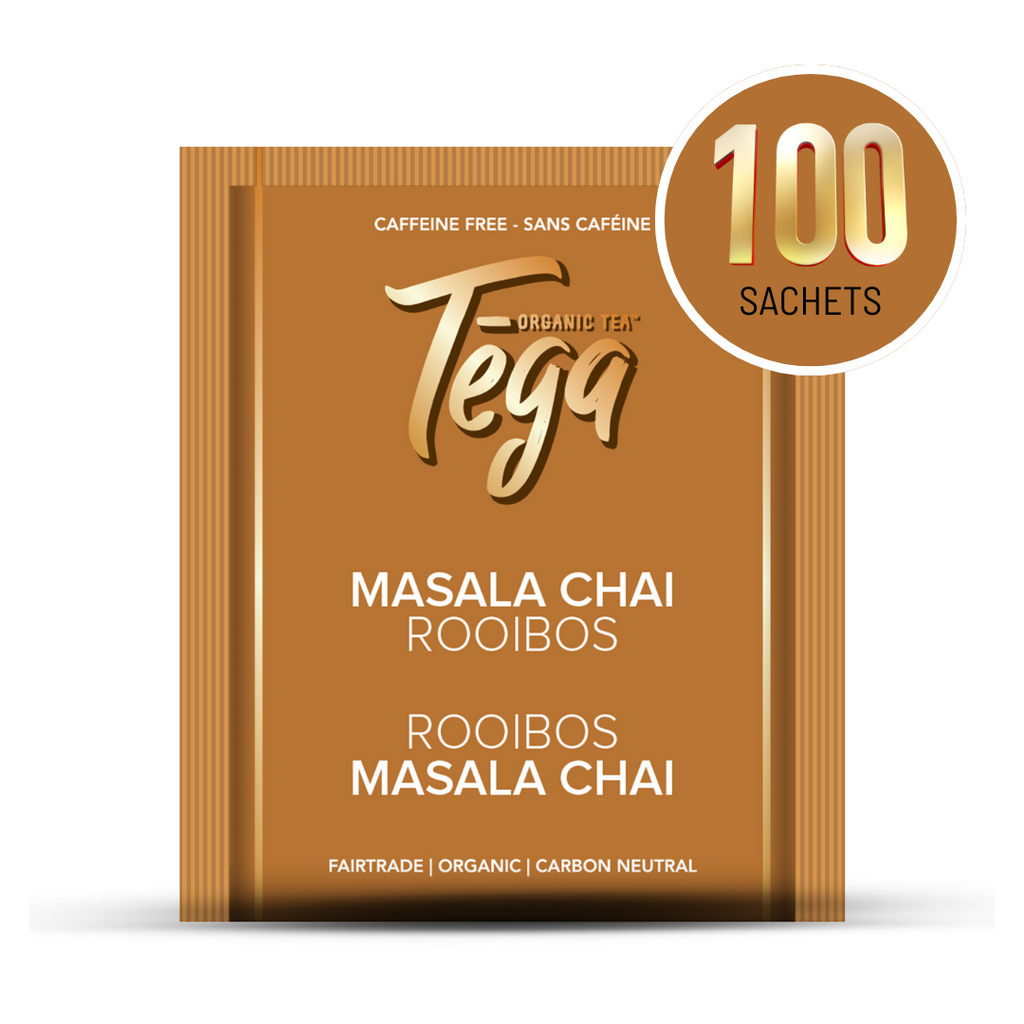 Tega Organic Tea Masala Chai Rooibos package with '100 Sachets' label on a white background