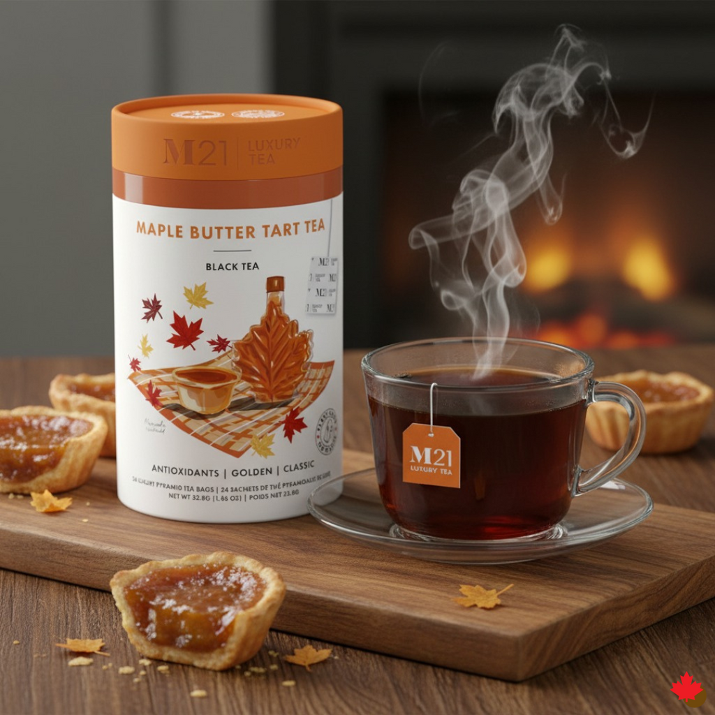 M21 Maple Butter Tart tea packaging with a steaming cup of tea on a wooden surface.