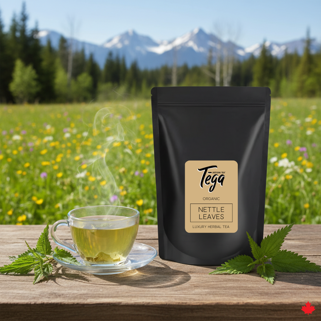 Tega Organic Nettle Leaves tea package with a cup of tea on a wooden table in a scenic outdoor setting.