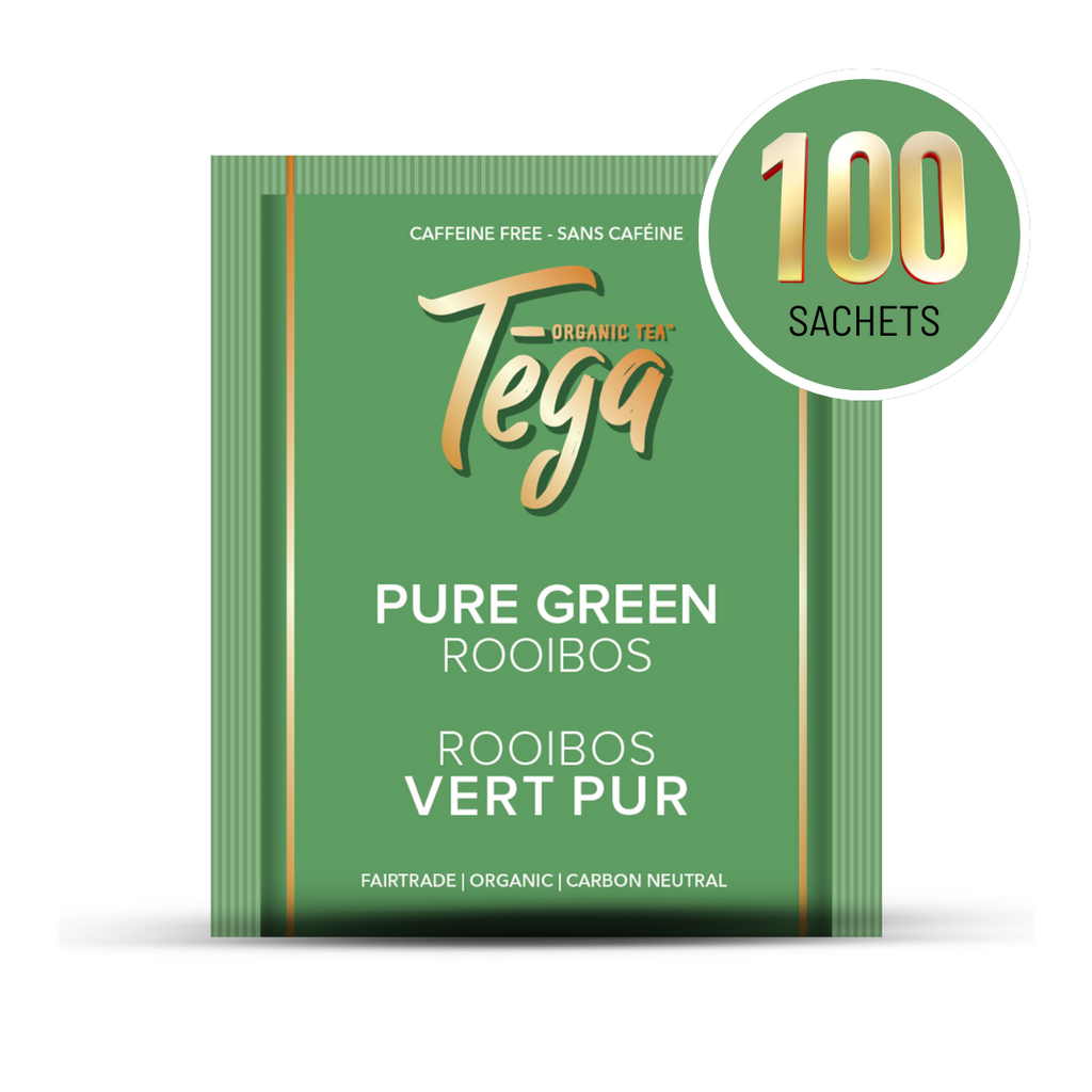 Tega Organic Tea Pure Green Rooibos packaging with a green background