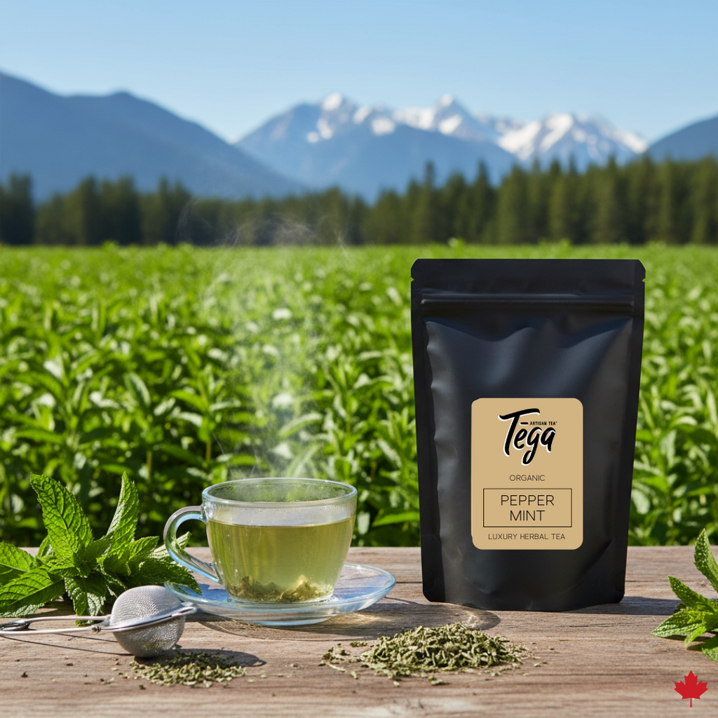 Tea bag labeled 'Tega' with a cup of tea and tea leaves on a wooden table in front of a tea field and mountains.