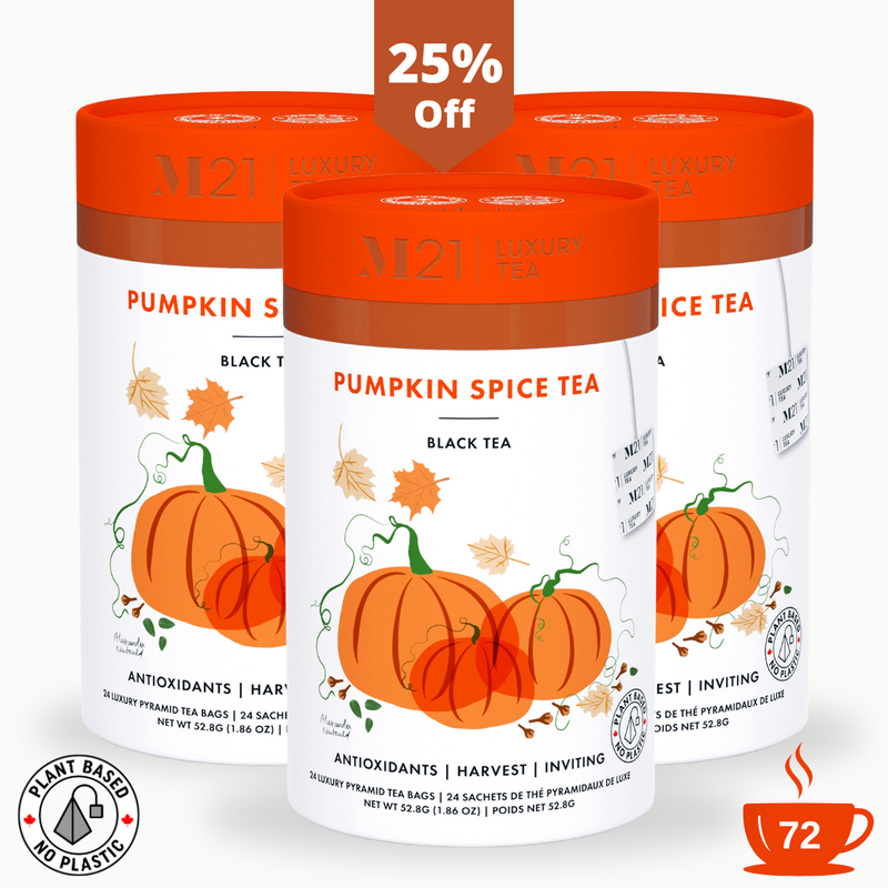 Three containers of M21 Pumpkin Spice Tea with pumpkins and tea leaves on a white background.