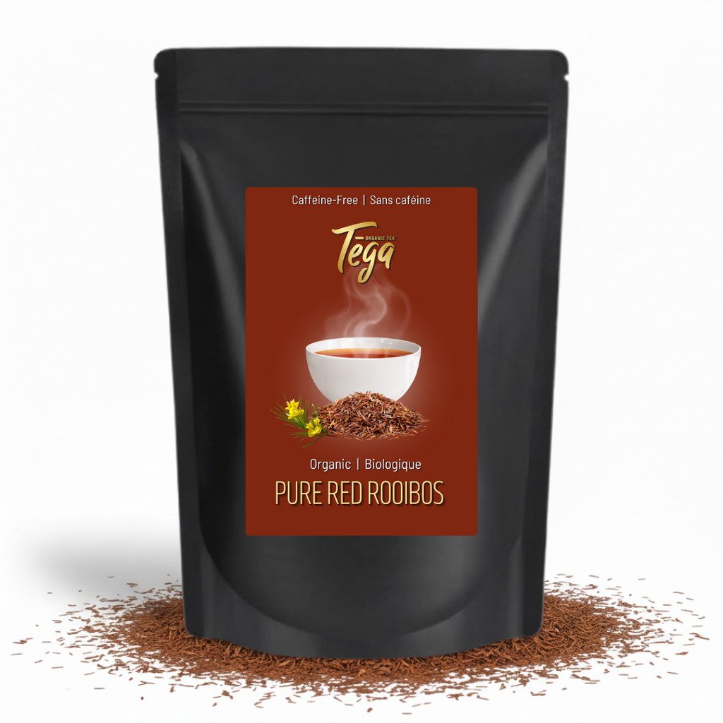 Black package of Tega Pure Red Rooibos with a label on a white background