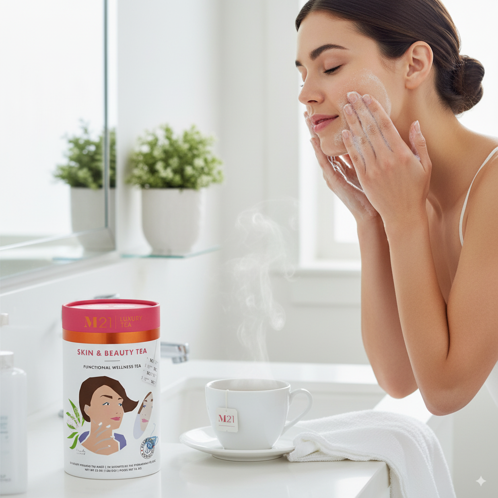 Woman applying cream to her face with a container of M21 Skin & Beauty Tea on a bathroom counter.